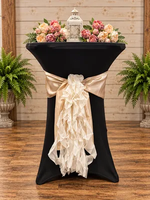 Black Cocktail Fitted Spandex Tablecloth with Ivory Curly Willow Ruffle with Champagne Sash