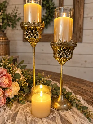  Baroque Crown Antique Gold Iron Tall Pillar with LED Flameless Candle set 