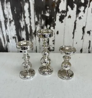 CANDLEHOLDER: Mercury glass pillar candle pedestals set of 3