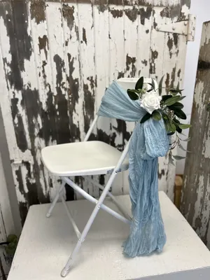 CHAIR/PEW DECOR: Light blue cheesecloth tie, eucalyptus & white rose