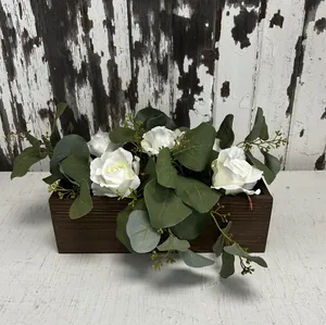 CENTERPIECE: White rose & eucalyptus/rectangular stained wood box