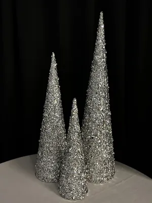 CENTERPIECE: Silver sequin cone trees