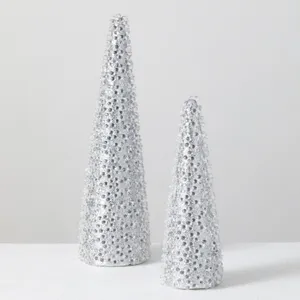 CENTERPIECE: Silver beaded cone trees set of 2