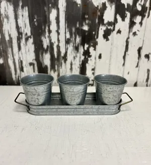 GALVANIZED:  Set of 3 buckets on oval tray
