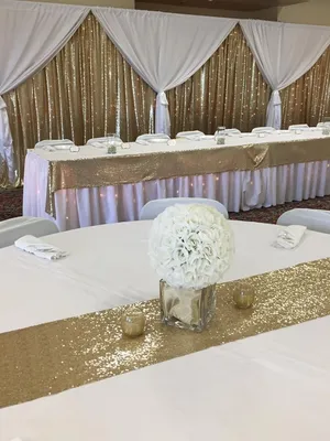 BACKDROP: Sequin drapes backdrop/white curtained drapes 8-12'H x 8-10'W