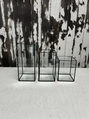 CANDLEHOLDER: Square glass w/black metal frame set/3 (6