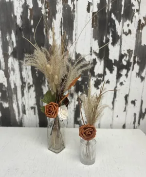 FLORAL: Bud vases w/pampas grass, bunny tails & terracotta/rust floral (set of 2)