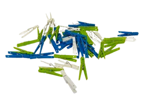 Green, white and blue clothes pins