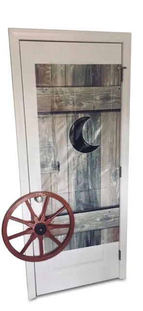 Outhouse door cover, plastic wagon wheel