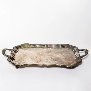 Ornate Scalloped Rectangle Footed Silver Platter Footed - 