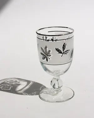 1960s Water Goblets, Frosted Background with Metallic Silver Leaf Designs