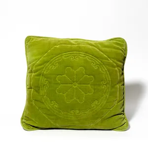 Grandma Shiek Olive Colored Crushed Velvet Throw Pillows with Flowery Detail Pair - 13.5