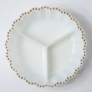 Unique Vintage Milk Glass 3 Compartment Serving Dish With Gold Scalloped Dotted Trim Relish Oyster Hors'Doeuvres Tray - 9