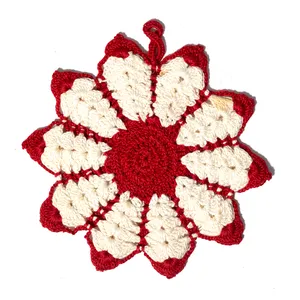 red and white knitted flower shaped hot oven mit