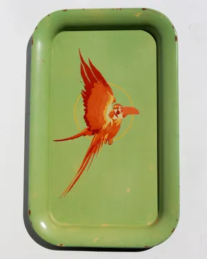 Vintage Green Metal Serving Tray with a Hand Painted Orange and Yellow Parrot