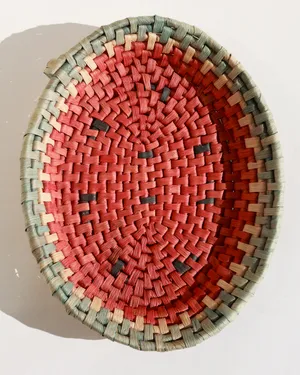 Watermelon Woven Basket Tray Large Handwoven Wicker Serving Tray, Cottagecore Summer Décor, Fruit Basket