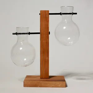 Vintage Dual Flask Wooden Bulb Bud Vase Display Stand
