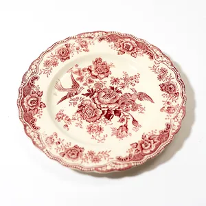 Dessert Plate Scalloped edge, intricate illustration of flowers and birds in pink - 7