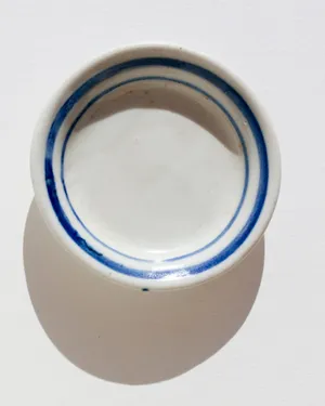 Ceramic White Ramekin Dish with Blue Banding Around the Edge