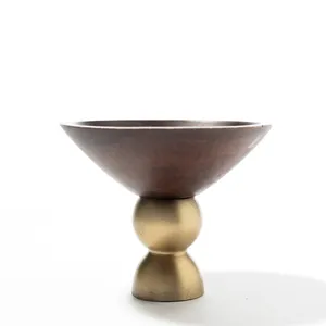 Short Round Wood and Rose Gold Candle Holder Pedestal - 3.5