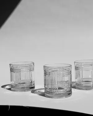 Vintage Anchor Hocking MCM Etched Lines Heavy Clear Glass Low Ball Glass Looks liek Ralph Lauren