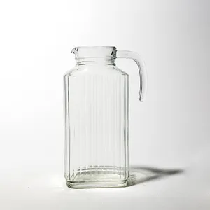 Glass Handled Rectangular shaped ribbed Clear Glass Pitcher, Decanter