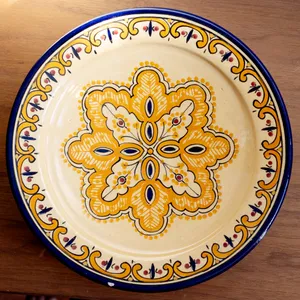 Vintage Large Handcrafted Ceramic Serving Dish, Mexican, Moroccan, Blue Orange, Yellow