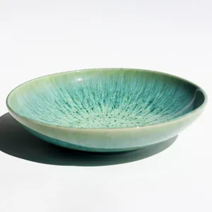 Wide, Shallow Ceramic Bowl with Green and Blue Reactive Glaze