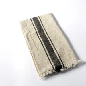Eggshell and gray stripped kitchen towel with fringe 20