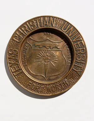 Vintage TCU Brass Circular School Seal Wall Hanging