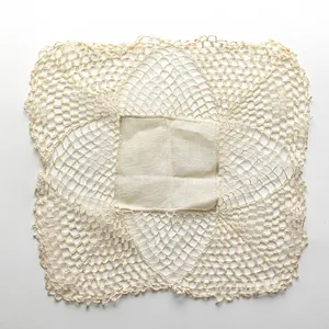 Vintage Handmade Crocheted Lace Cream White colored Doily Square with a patch of white fabric in the center