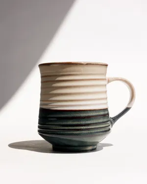 Cream and Gray Ribbed Color Block Tea Cup Coffee Mug