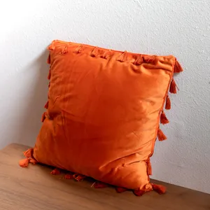 Crushed Velvet Orange Throw Pillow with Stringed Tassels 