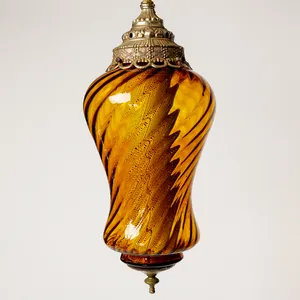 Lamp: Amber Orange Hourglass Shaped Vintage Hanging Pendant Lamp with Chain Ribbed Glass
