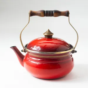 Whimsical Red Enameled Metal Tea Pot - 9.5