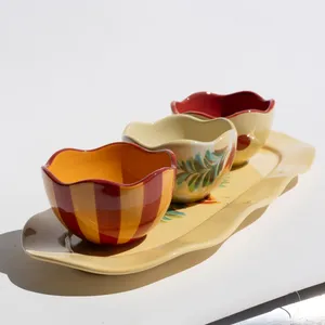 Southern Living at Home Tray and 3 Condiment Bowls, Ceramic, Playful Colors and Patterns