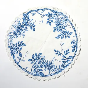 Blue and White Fabric Viney Flower Print with Scalloped Edge Doilie