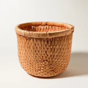 Handwoven Rattan Coil Basket Rustic Bohemian Vintage