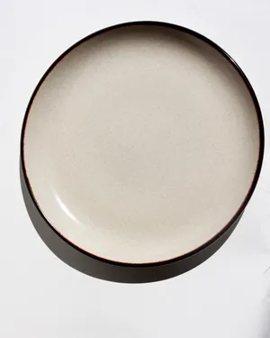Extra Large Cream Colored Stoneware Chop Plate with Painted Brown Rim