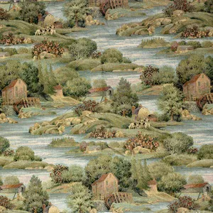 Vintage Tapestry Fabric Muted greens and blue farm life animals -  38