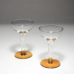 Cocktail Glass Wine Glass, Champagne Clear, Thick Clear hollow stem. Orange, Gold, Yellow Base - 5.25