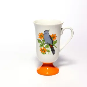 Footed Coffee Cup Mug Japan Porcelain Blue Gray Bird with Orange Flowers - 5.25