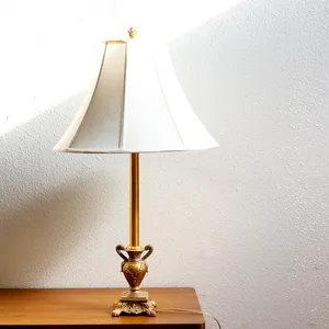 Tall Thin Gold Table Lamp with vessel with handles greek tapered cloth lamp shade