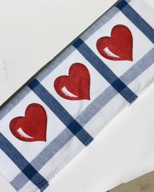 Decorative Kitchen Tea Towel Blue Plaid Lines with 3 Big Red Hearts