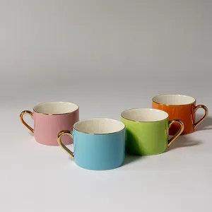 Ceramic Coffee cups, colorful set, Pink, Green, Blue and Orage Gold Handle and Trim - 2.25