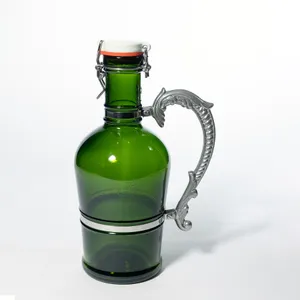 Large Green Clear Glass Growler with Silver Metal Handle and White Porcelain Cap - 13