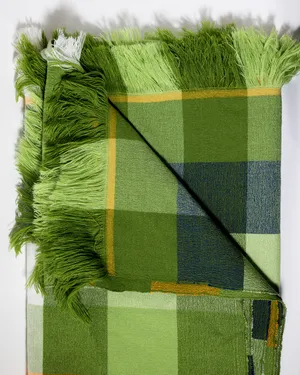 Vintage Green Plaid Fringed Bohemian Woven Tablecloth