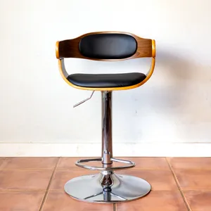 Retro Mid-Century Modern Stool with Chrome base. Medium Grain Wood with Black Leather cushioned seat and back rest