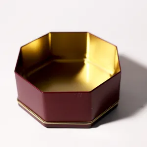 Vintage Burgundy Octagonal Gold Interior Tin Jewelry Box, Unbranded Cookie Tin
