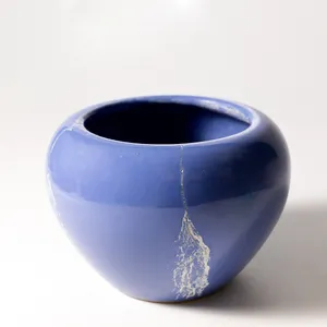 Vintage Italian Redware Pottery Planter / Vase Purple Plum Periwinkle Glossy. Cracked with Water Stains